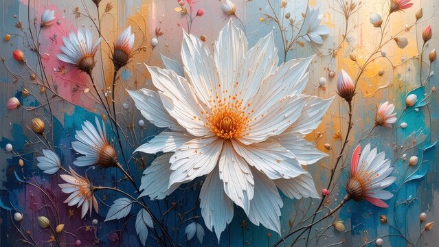 Delicate white flower blooms amidst vibrant colors in an artistic display celebrating nature's beauty