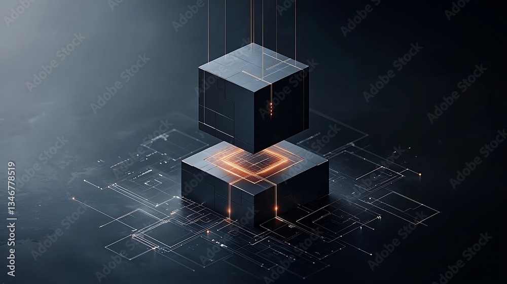 Aufkleber Abstract digital cubes interconnected by glowing lines on a circuit board background