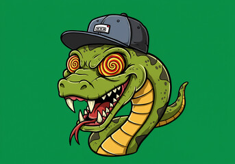 Obraz premium Green Cartoon Snake Wearing a Hat with Hypnotized Eyes Pixel Art Illustration