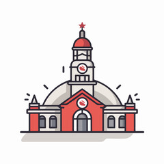 Vector illustration of a red and white church building with a clock tower and cross, showcasing classic religious architecture.