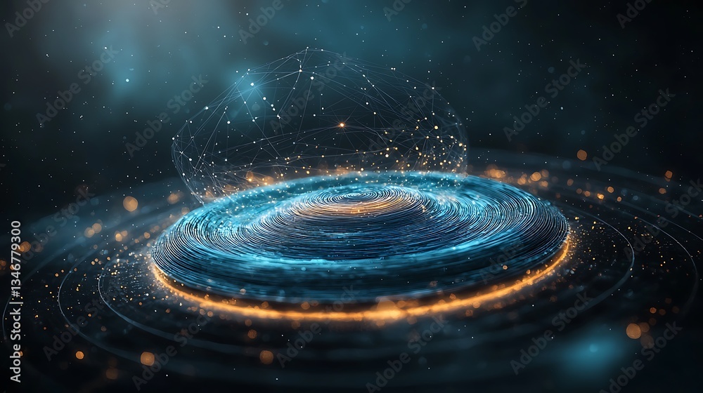 Poster abstract digital sphere and swirling disc. a mesmerizing representation of interconnected networks, 