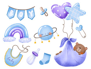 Little bear fly on helium balloon. Its a boy. Baby boy things clipart. Newborn and baby birth. Flags rainbow milk bottle planet