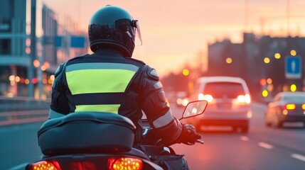 Motorcyclist in reflective gear riding on a busy city street during sunset, cars in background