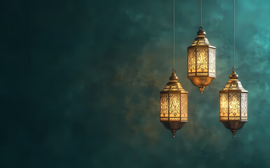 Radiant Lanterns: Three ornate lanterns cast a warm, inviting glow against a backdrop of atmospheric teal hues, creating a sense of serenity and cultural richness.