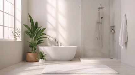 Modern bathroom interior with tub, shower, plants, and natural light