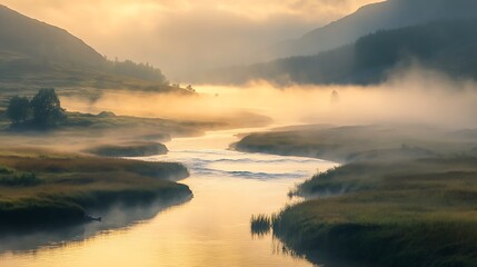 Tranquil river winding through a valley with mist rising from the water at sunrise.