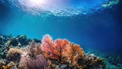 Naklejka premium Vibrant coral reef with colorful corals and clear blue water creates serene underwater scene