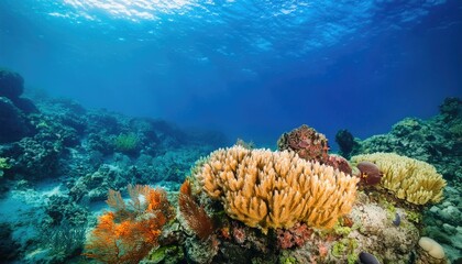 Naklejka premium Vibrant coral reef with colorful corals and clear blue water creates serene underwater scene