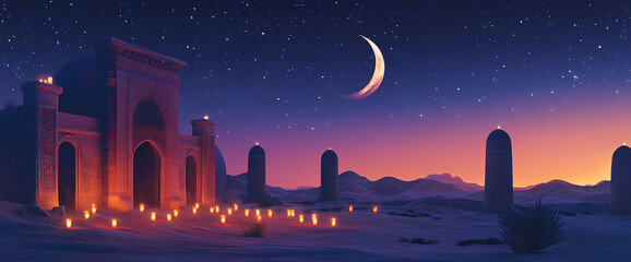 Nightfall at Ancient Ruins: A serene vista unfolds as twilight embraces the silhouette of ancient ruins under a celestial canopy dotted with stars and a crescent moon.