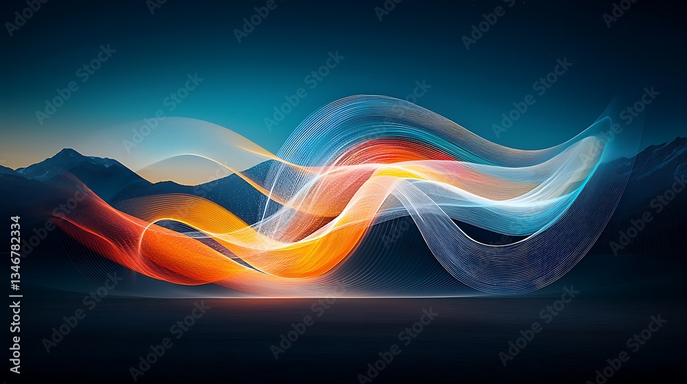 Poster abstract flowing lines against a mountain backdrop