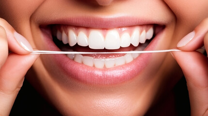 a woman smiling as she uses white floss to clean her teeth