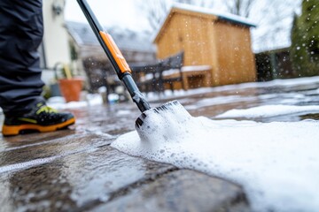 Fototapeta premium A person is actively cleaning an outdoor surface using a brush and soap, emphasizing cleanliness and the upkeep of outdoor spaces during a refreshing day.