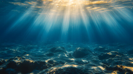Fototapeta premium Underwater sunlight rays filtering through clear water wallpaper background ocean depths nature serene viewpoint