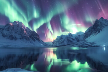 Naklejka premium An awe-inspiring image of the Northern Lights above snowy mountains reflected in a tranquil lake under a starlit sky