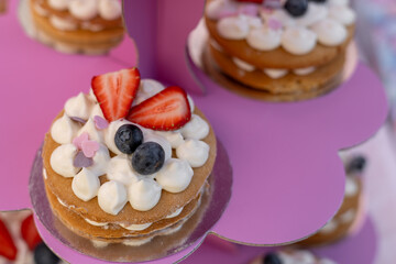 Delicious layered desserts with fresh berries displayed at a festive outdoor gathering
