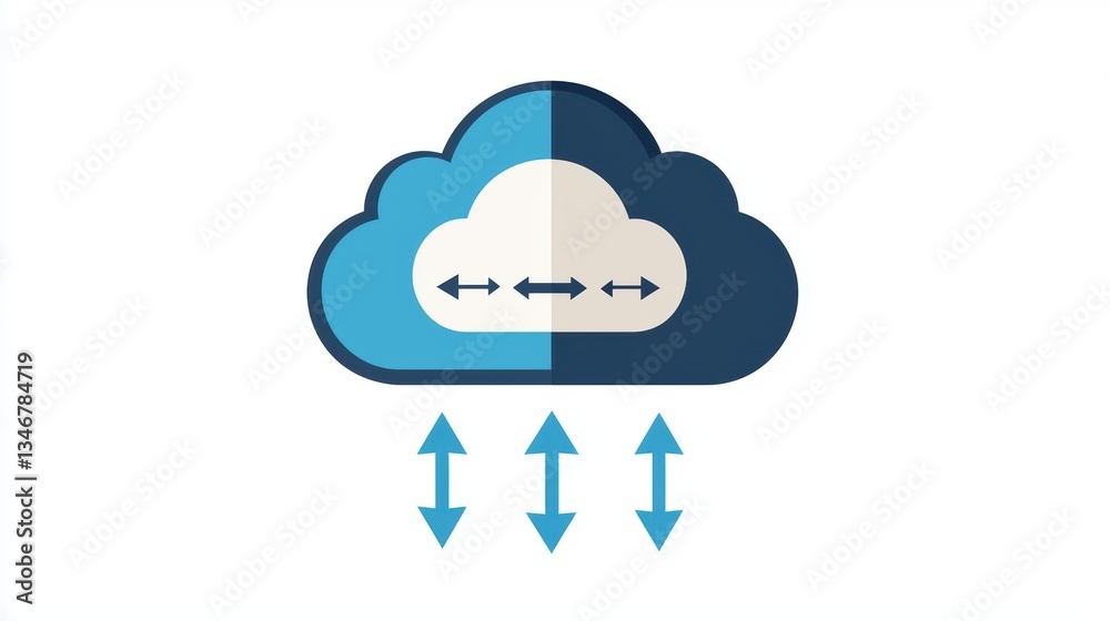 Poster cloud computing illustration featuring a stylized cloud with arrows indicating data flow and storage