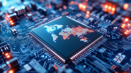 Obraz premium An ultra-modern microchip with miniature flags of major tech-producing countries placed across a glowing world map, symbolizing international collaboration.