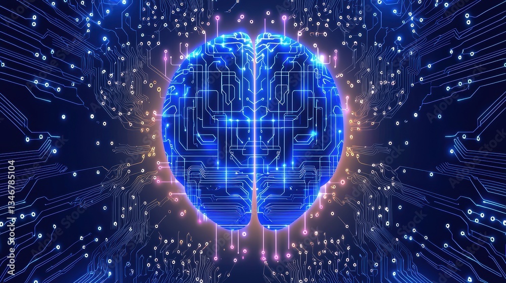 Poster digital brain illustration with circuit patterns representing technology and artificial intelligence