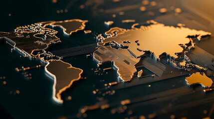 A metallic chip with intricate circuitry shaped like the continents of Earth, visualizing the semiconductor industry's role in global trade.