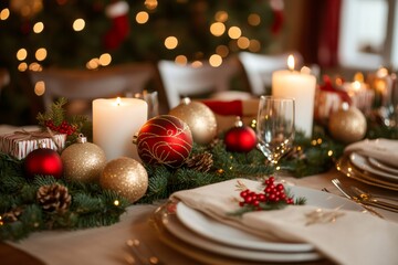 Christmas table setting decorated with candles, ornaments, and gifts with christmas tree in background