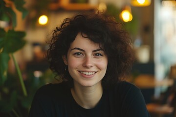 Obraz premium Smiling young caucasian female with curly hair in cozy setting