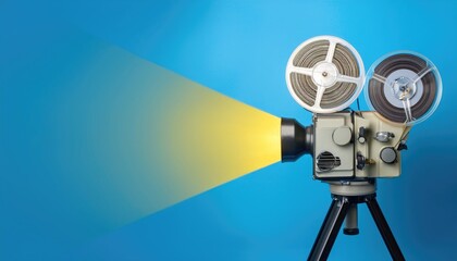Vintage movie projector with yellow light against blue background