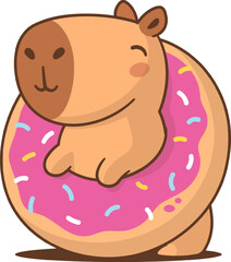 Kawaii vector illustration of a chubby capybara with a happy expression, standing inside a pink-frosted donut covered in colorful sprinkles isolated on white.