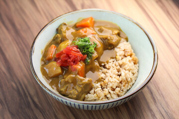 Wagyu Beef Curry rice served in bowl isolated on table closeup side view of Japanese food