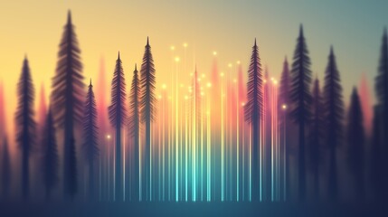 Abstract forest scene with vertical lines and soft, colorful lighting creating a dreamy atmosphere.