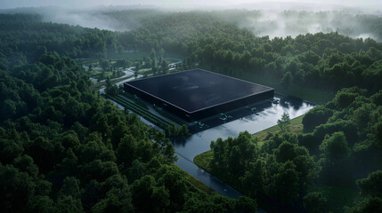 A futuristic hyperscale data center with energy-efficient cooling systems, standing in contrast to the dense forests encircling it.
