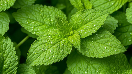 Fresh mint leaves with water droplets