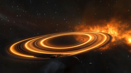 Fototapeta premium Fiery orange planetary rings and spaceship in space.