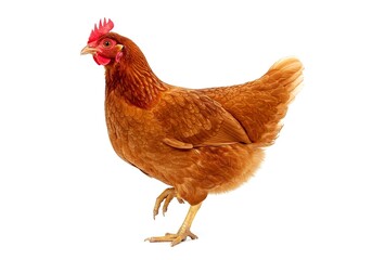 A bright red feathered chicken stands gracefully on a clean white background. Suitable for farm, poultry or organic food themes. High quality stock image for various creative purposes.