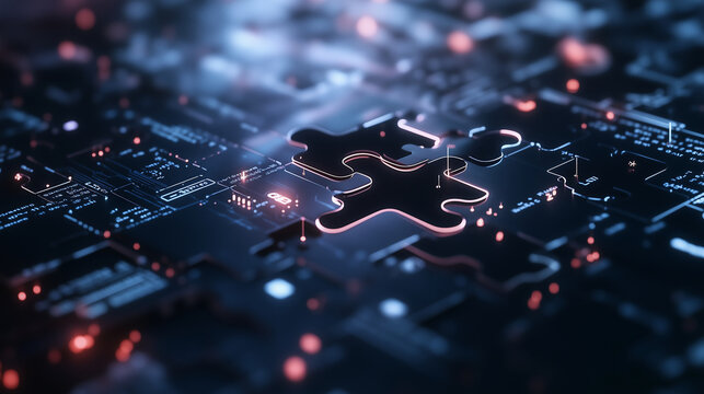 A digital puzzle with pieces representing various APIs, connecting seamlessly within a holographic, high-tech matrix, symbolizing interoperability and data exchange.