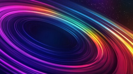 Abstract vibrant rainbow rings swirling in dark space background.