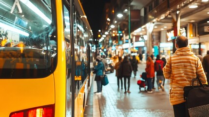 Naklejka premium Busy Public Transportation Passengers Boarding Yellow Bus City Travel Commute
