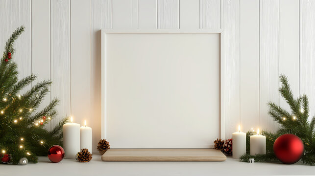 Festive Holiday Frame: An inviting, blank picture frame sits amidst festive holiday decorations. It features a seasonal setting, perfect for personalized messages.