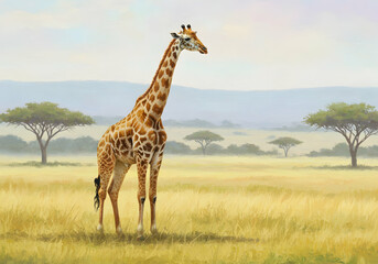 Obraz premium Giraffe Standing Tall in African Savanna with Trees and Hazy Mountains