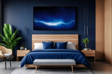 Modern bedroom interior design featuring a stunning nebula artwork