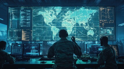 Soldier in military uniform working at a computers. High-tech feel, indicating a focus on technology and digital operations. AI-generated!