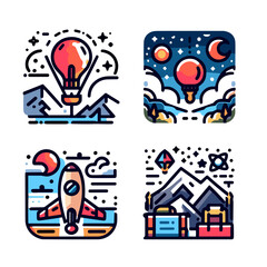 Colorful Travel Illustrations of Hot Air Balloons and Rockets. Adventure in the sky  