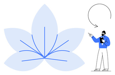 Person pointing at abstract petal diagram with linear details symbolizing growth. Ideal for business, strategy, innovation, education, training, mindfulness, leadership, flat simple metaphor