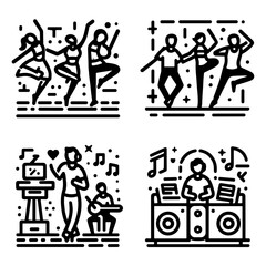 Dancing figures in various poses celebrating musi, dance workout  