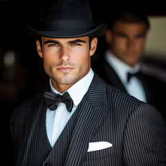 Elegant businessman wearing pinstripe suit and bowler hat with blurred colleague in background
