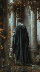 Naklejka premium Man in cloak stands before ancient columns.