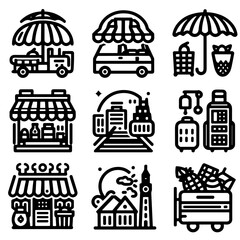 Naklejka premium Iconic market scenes with umbrellas and buildings in line art . Open-air market 