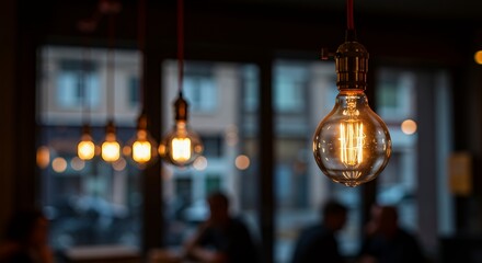 Obraz premium Warm Edison Bulbs Illuminate a Cozy Cafe Interior