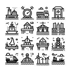 Fototapeta premium Maritime icons illustrating boats, buildings, and transport on water. Pier 