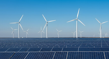 Vast Solar Farm & Wind Turbine Energy Field under Clear Blue Sky