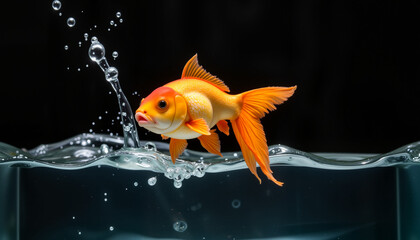 Goldfish jumping out of water with droplets, dynamic motion